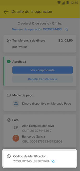 Imagen ilustrativa de un detalle de operación señalando el código de identificación